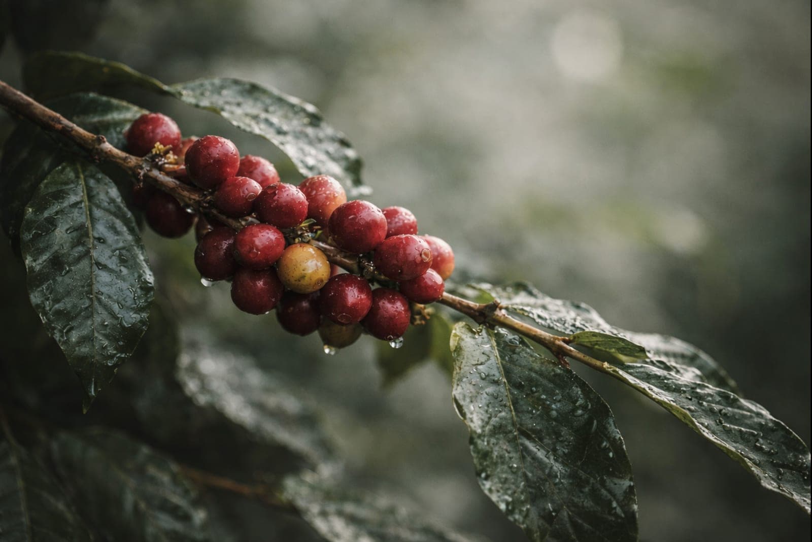 Ripe red Arabica coffee cherries on the branch, beaded with rain.