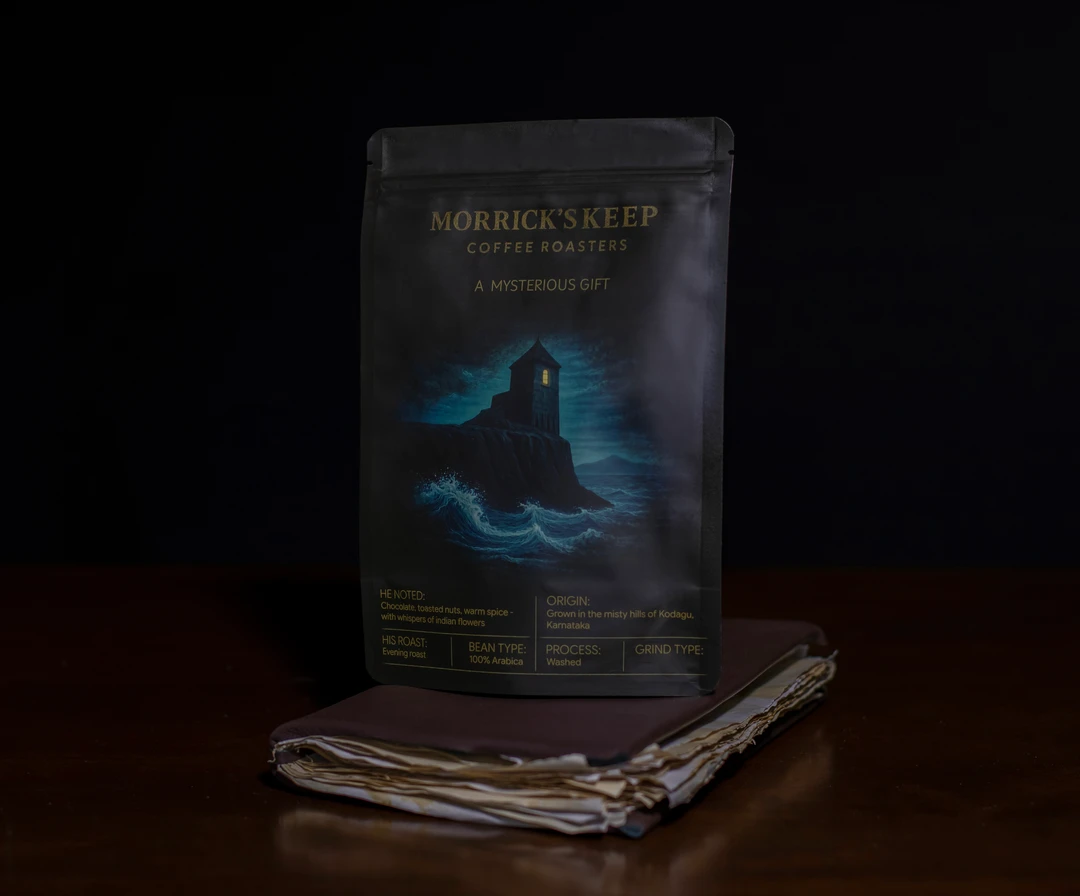 Morrick's Keep “A Mysterious Gift” coffee pouch — front, showing the lighthouse-keep above moonlit waves.